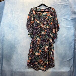 Violeta by Mango Navy Floral Ruffle Butterfly Sleeve V-Neck Shift Dress Small